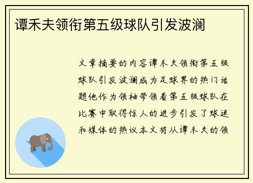谭禾夫领衔第五级球队引发波澜